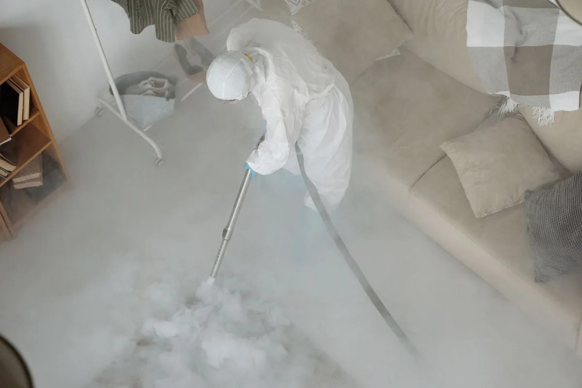 Biohazard cleanup technician in protective equipment, North Hyde Park, Tampa, FL